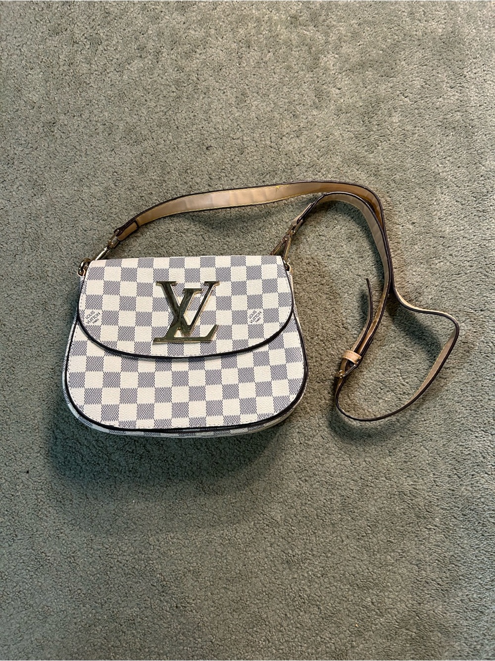 Louis Vuitton Damier Azur Checkerboard Crossbody with Tan Strap Checkered